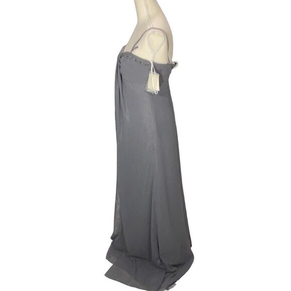 David’s Bridal Pewter Gray Shimmer Adjustable Strapless Fog foil Split Gown Sz 4 - Picture 3 of 8